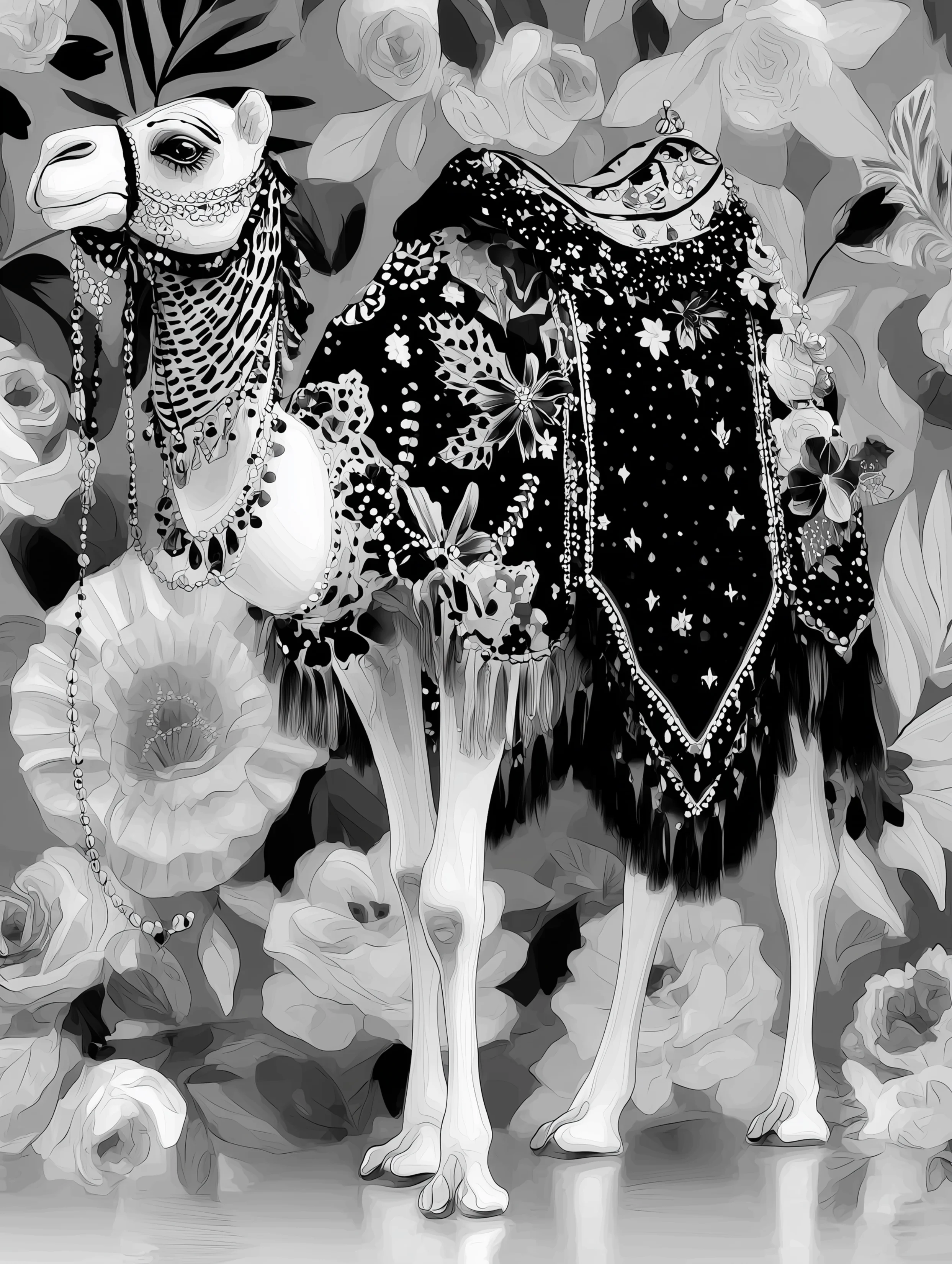 Free printable camel coloring page for adults featuring dark shawl on saddled camel